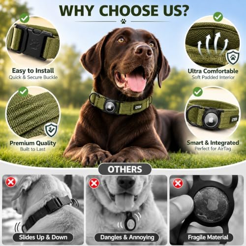 Heavy Duty Tactical Dog Collar with Tracker Pocket,Adjustable GPS Tracking Collar for Small, Medium & Large Dogs, Compatible with Compact Smart Trackers,Control Handle for Added Security (Green, XL)