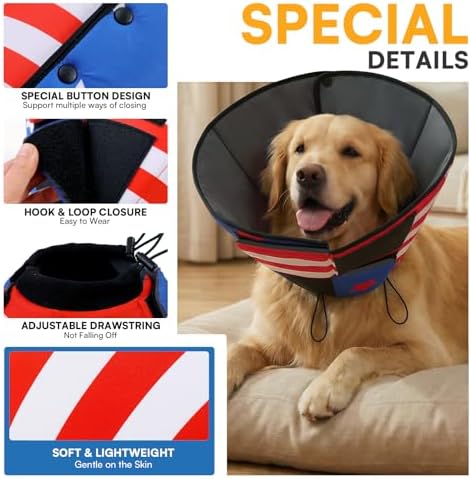 Queenmore Dog Cone, Cone for Dogs to Stop Licking, Dog Cones for Medium Dogs, Adjustable Doggy Recovery Collars & Cones, Elizabethan Collar for Pets After Surgery, USAFlag M