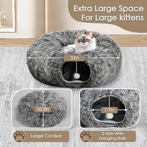 Cat Tunnel Bed for Indoor Cats, Peekaboo Cat Cave with Washable Soft Play Mat, Furry Cat Tube, for Kitten/Puppy/Rabbit, Black