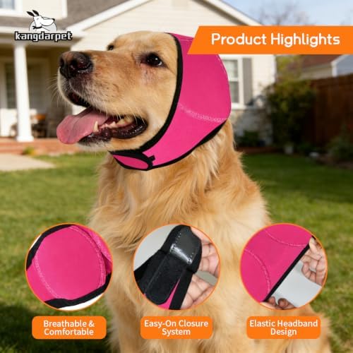 Upgraded Dog Ear Muffs for Noise Protection & Anxiety Relief, Adjustable No Shake Ear Wrap for Firework, Hematoma, Bathing, Swim, Grooming and Force Drying (Fuchsia, L(Head Size:18"-24"))