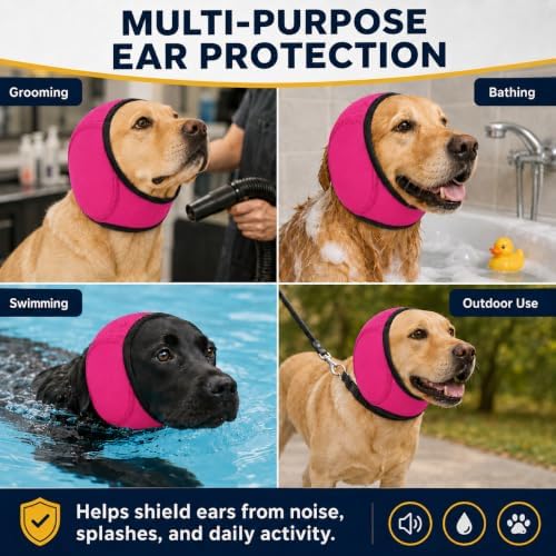 Dog Ear Muffs Noise Protection, Adjustable Dog Ear Wrap Calming Hoodie, No Shake Ear Covers for Thunder, Vacuum, Grooming & Bathing, Polyester Noise Reduction Padding with Elastic Strap(Rose red,S)