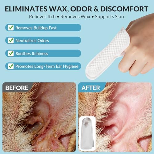 Dog Ear Finger Wipes for Dogs & Cats, Removes Ear Wax & Buildup, Better Than Ear Drops, Larger No-Slip Finger Fit for Better Control, Aloe Vera & Witch Hazel, Gentle for Sensitive Ears - 50 Count