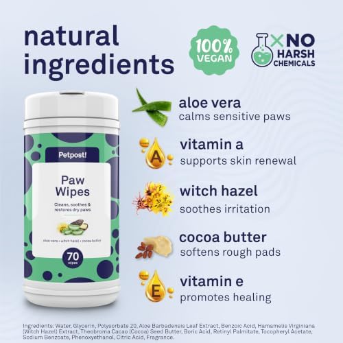 Petpost Large Paw Wipes for Dogs | 70 Count Dog Paw Cleaner Wipes with Aloe Vera, Witch Hazel & Cocoa Butter | Gentle Pet Wipes for Paws | Ultra Soft Cotton Pads