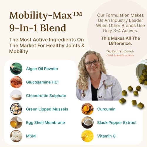 Mobility Max Dog Hip and Joint Supplement with Glucosamine, Chondroitin, MSM & Vitamin C – Hip and Joint Chews for Dogs – 9-in-1 Advance Formula – 60 Bacon Chews for Active & Senior Dogs, 240g
