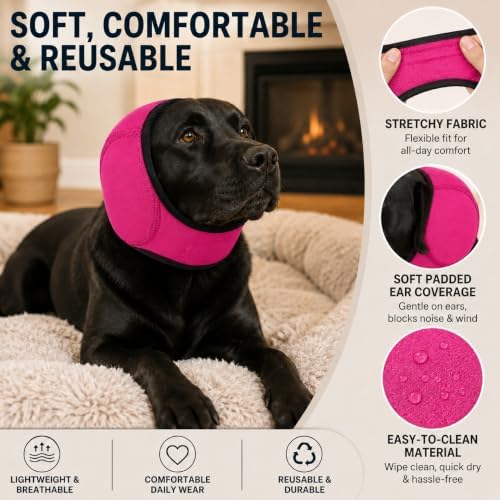 Dog Ear Muffs Noise Protection, Adjustable Dog Ear Wrap Calming Hoodie, No Shake Ear Covers for Thunder, Vacuum, Grooming & Bathing, Polyester Noise Reduction Padding with Elastic Strap(Rose red,S)