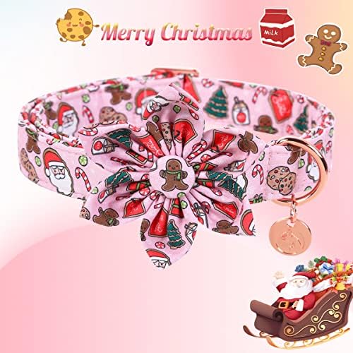 DOGWONG Christmas Dog Collar with Flower, Pink Santa Claus Dog Collar Gingerbread Man Soft Durable Adjustable Cotton Cute Girl Puppy Collar for Small Medium Large Dog