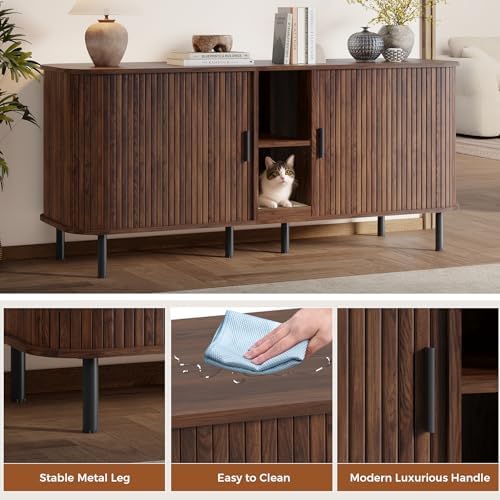 58" Double Cat Litter Box Enclosure, Large Hidden Litter Box Furniture for 2 Cats with Cat Scratch Pad, Mid Century Modern Indoor Cat House with Double Room, TV Stand, Side Table, Walnut