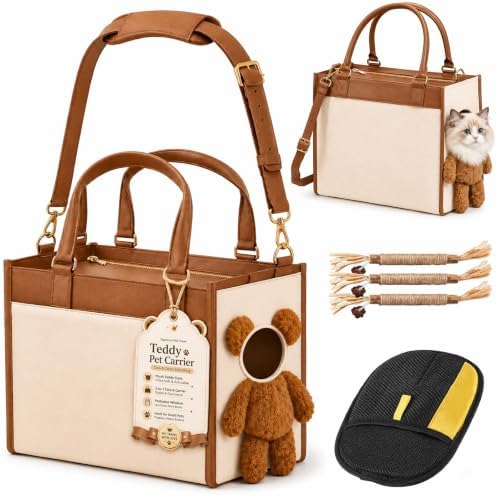 Teddy Bear Dog Carrier Bag, Upgrade 2-in-1 Stylish Dog Purse Carrier for Small Dogs,Puppy Sling Carrier with Peekaboo Window, Fashion Portable Tote Bag for Yorkie Poodle Chihuahua，L:9.69×3.78×2.76 in