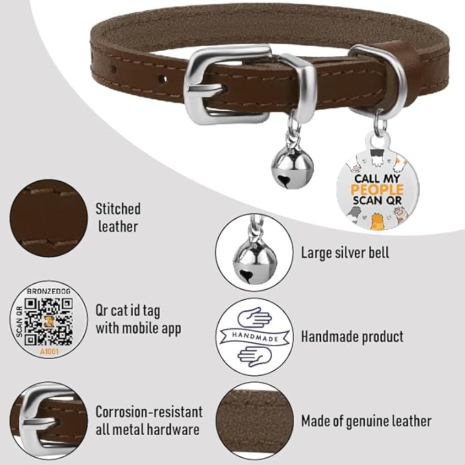 BRONZEDOG Leather Cat Collar with Removable Bells Non Breakaway Kitten QR Tag for Girl Boy (9" - 12" Cats/Mini Dogs, Brown & Silver)