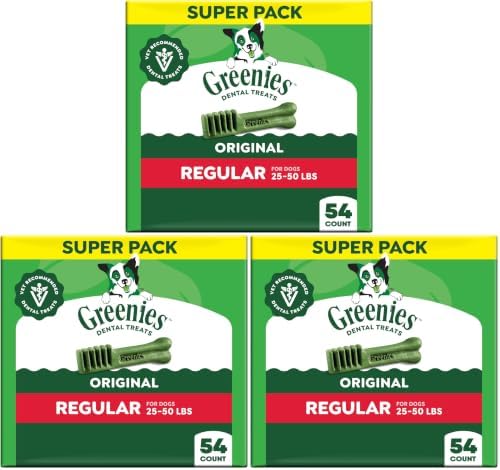Greenies Veterinarian-Recommended Adult Natural Dental Dog Treats Regular Size, Dog Dental Chews, Original Flavor, 54 oz. Pack, 54 Count (Pack of 3)