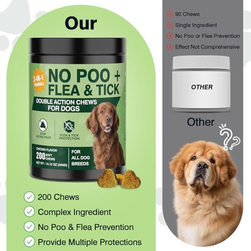 No Poo Chew for Dogs-2 in 1 Control Coprophagia & Flea Tick Supplement-Digestive Enzymes Probiotics-Chicken