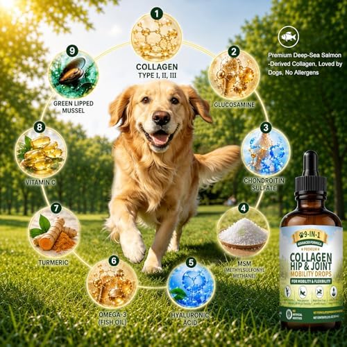 Collagen for Dogs,Dog Hip and Joint Supplement,9-in-1 Liquid Collagen Types I,II & III,Joint Pain Relief for Dogs,Recover Normal State,Repair Skin,Coat,Salmon Flavor Easily Accepted,No Allergens