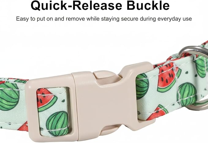 Summer Dog Collar for Medium Dogs, Cute Dog Collar with Watermelon Pattern and Pendant, Green Pet Collar with Soft Cotton Fabric and Robust Buckle