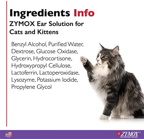 Zymox Enzymatic Ear Solution with 0.5% Hydrocortisone for Cats & Kittens, 1.25 oz. – Cleans & Refreshes Ear Canal for Relief from Wax, Dirt Buildup, Itchiness, Irritation, Inflammation & Redness