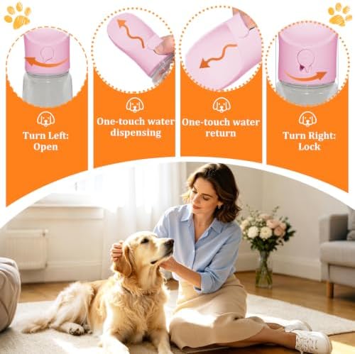Portable Dog Water Bottle with Food Container, Pink, 19oz