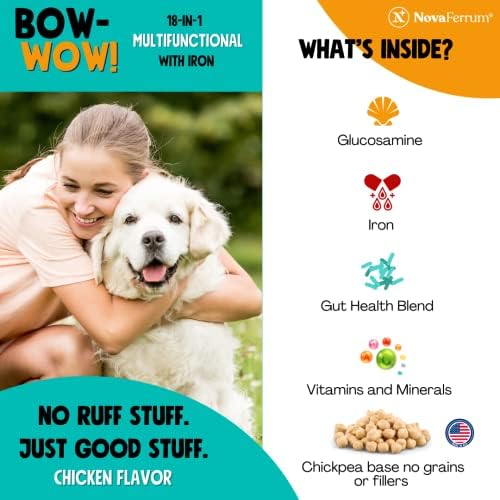 NovaFerrum Bow Wow | 18-in-1 Multifunctional with Iron Supplement for Dogs | Blood Support for Anemia | Glucosamine | Probiotics | Antioxidants | Chicken Flavor | 90 Chews