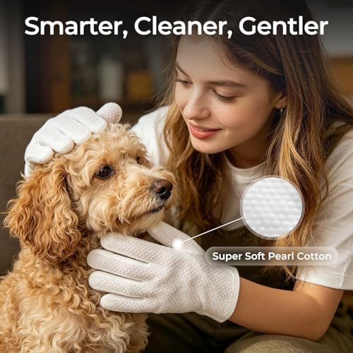 Pet Wipes Gloves for Dogs and Cats, Disposable Pet Cleaning Gloves for Paws, Coat, Face and Butt, Soft Dog Wipes and Cat Wipes for Daily Grooming, Travel and Outdoor Use