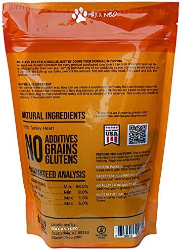 Max and Neo Freeze Dried Turkey Heart Dog Treats - Single Ingredient, Small Farm, Antibiotic Free, Human Grade Turkey Grown in the USA - We Donate 1 for 1 to Dog Rescues for Every Product Sold