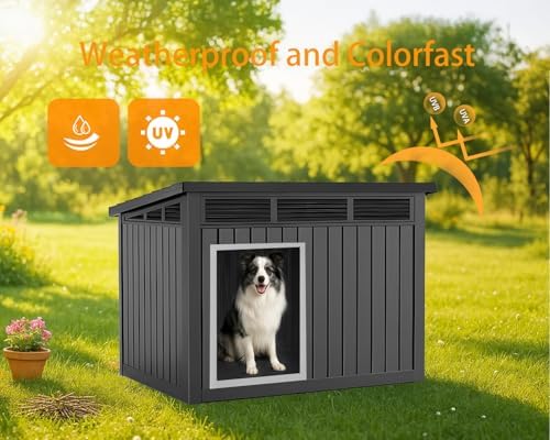Vixzen Dog House Outdoor - 42 Inch Weatherproof Doghouse with Openable Roof for Easy Cleaning, Indoor Dog House Medium Size Dog with Spacious Interior & Slanted Roof, Doghouse Outdoor (Black)