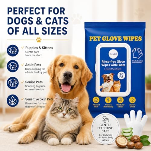 Pet Cleaning Gloves Wipes for Dogs & Cats – Disposable Grooming Gloves for Paws, Ears, Teeth & Body – Gentle & Easy No-Rinse Cleaning (20 Count)