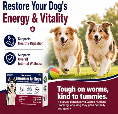 7-Way Dewormer for Dogs, Wormer for Tapeworms, Roundworms & Hookworms in Large Medium Dogs & Puppies (Over 10 lbs), with Praziquantel & Pyrantel Pamoate, 16 Tablets