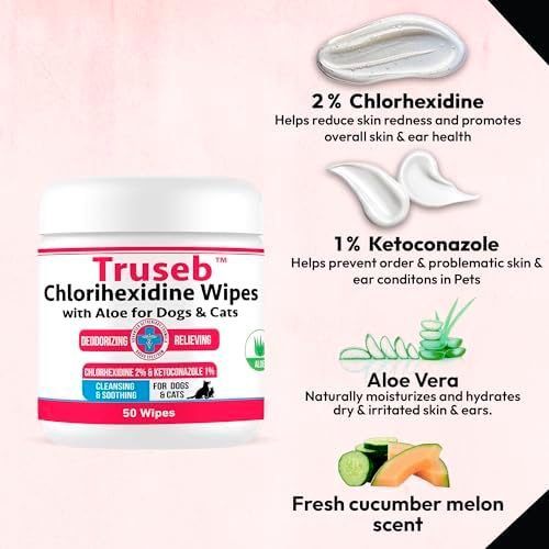 Pet Health Pharma Truseb Topical Ketoconazole and Chlorhexidine Wipes for Dogs, Cats and Horses - with Aloe for Cleansing - 50 Count (Ketoconazole & Chlorhexidine Wipes, 50 Count)