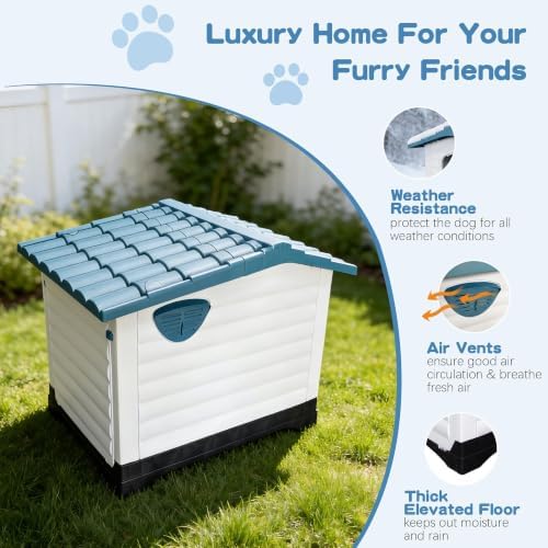 2-Door Small Dog House with Fold-Out Porch and Elevated Base, Blue