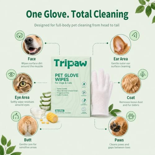 Disposable Pet Glove Wipes 6 Count, No‑Rinse Thick Wipes for Dogs&Cats