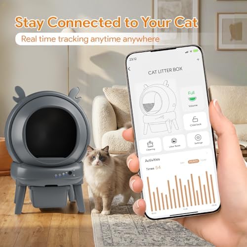 Automatic Cat Litter Box with App Control - Automatic Litter Box Self Cleaning for Multiple Cats, Health Tracking & Weight Sensor, Ultra Quiet, Odor Control, Large Capacity, Dark Grey