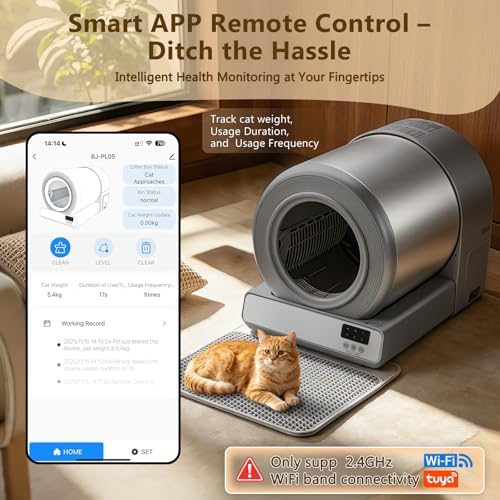 Self Cleaning Cat Litter Box for Multiple Large Cats - 60L Capacity, APP Control Automatic Litter Box with Safety Sensors, Odor-Free & Anti-Leakage, Includes Litter Mat & Litter Scoop,Gray
