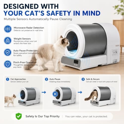 Stainless Steel Self-Cleaning Cat Litter Box, Automatic Cat Litter Box with Safety Sensors, Odor Control, APP Monitoring, Low Entry Design, Large Capacity for Multiple Cats