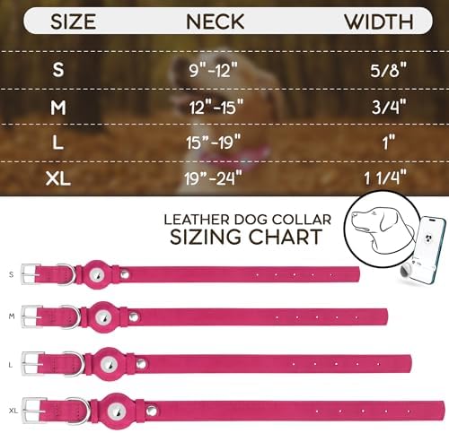 Leather Dog Collar with Airtag Holder - Apple Air Tag Dog Collars - Soft Tracking GPS Pet Collar for Small Medium Large Dogs Breed Puppy (Pink, M, 12"-15" Neck Fit)