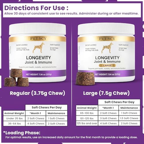 Petscy Longevity Hip & Joint + Immune Support Chews for Dogs - 3.75g Chew - High Dose Glucosamine, MSM, Chondroitin, Green Lipped Mussel, Omega 3, Probiotics - 60 Chews (Small & Medium Dogs)