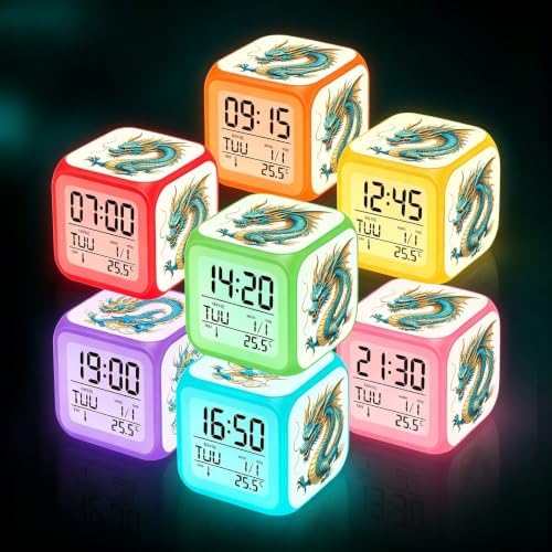 Wake Up Light Chinese Green Dragon Cube Alarm Clock, Battery Powered 7 Color Changing LED Light, Multifunctional Thermometer Calendar Myth Creature Bedroom Decor Gift