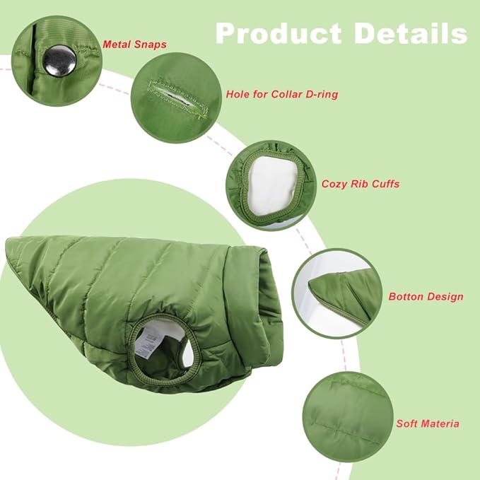 Warm Dog Coat, Windproof Dog Jacket Fleece Pet Winter Coats Solid Color Dogs Clothes Cold Weather Pet Jacket Vest Soft Puppy Apparel for Small Medium Dogs Cat (XXL, Green)