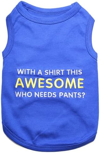 Parisian Pet Dog Tshirt - Embroidered “ Awesome “ Tank Top - Pure Cotton and Lightweight Dog Clothes - Blue Pet Vest - Sleeveless Tee Shirts for Small Dogs Boy