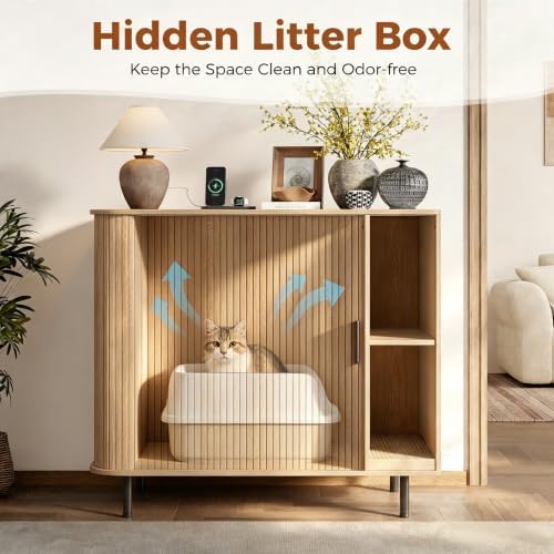 Cat Litter Box Enclosure, 31.8" Kitty Hidden Litter Box Furniture with Scratch Pad, Modern Indoor Cat House, Sliding Door, Adjustable Shelf for Dog Proof, Natural