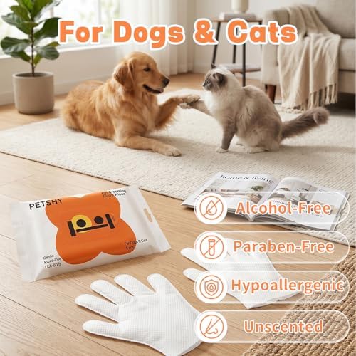48 Count Pet Glove Wipes for Dogs and Cats, Unscented Dog Bath Gloves, Extra Thick Grooming Wipes for Daily Use, Outdoor Camping and Travel, 6 Count x 8 Pack