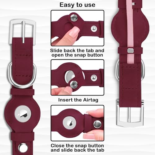 Leather Dog Collar with Airtag Holder - Apple Air Tag Dog Collars - Soft Tracking GPS Pet Collar for Small Medium Large Dogs Breed Puppy (Burgundy, M, 12"-15" Neck Fit)