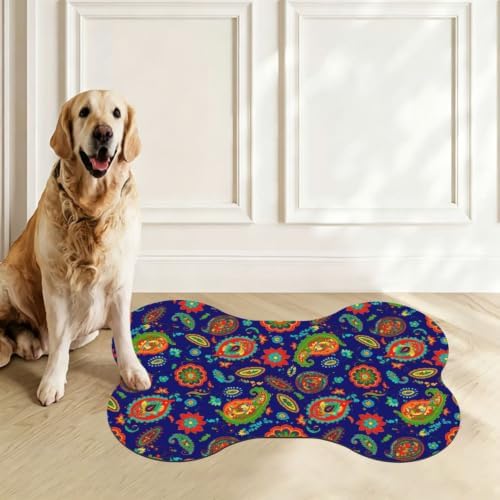 Bone Shaped Pet Food Mat for Floors (Tropical Paisley)