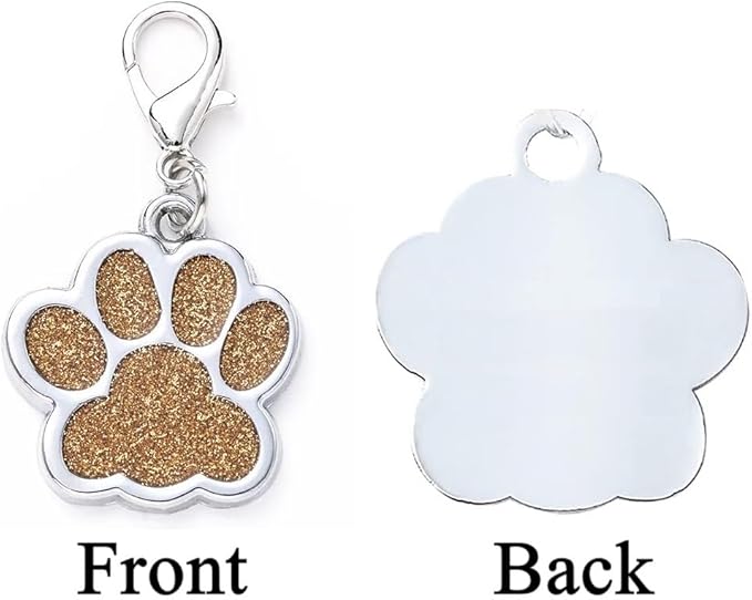Cute Personalized Pet Name Tags for Cats/Dogs - Glitter Custom pet id tag, Dog id Tags Engraved for Pets, Customizable cat tag, pet Collar Charms, Dog Name tag (Paw-Shaped-Small: Gold)