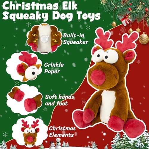 Christmas Squeaky Dog Toys, Stuffed Toys with Crinkle Paper, Interactive Toys to Keep Them Busy, Durable Plush Reindeer for Small, Medium and Large Dogs.