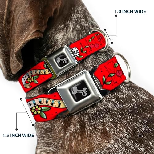 Dog Collar Seatbelt Buckle Lucky Red 15 to 26 Inches 1.0 Inch Wide