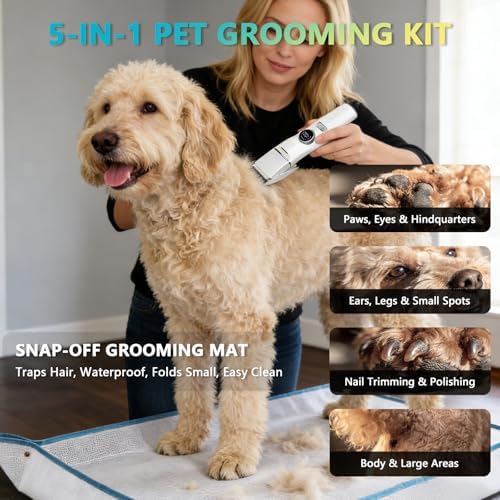 5-in-1 Dog Grooming Kit, Dog Paw Trimmer with LED Display & Light 11-Speed Rotary Knob, Low Noise Wireless Pet Clippers, Includes Easy-Clean Silicone Pad for Trimming Paw Eye Ear Facial Hair