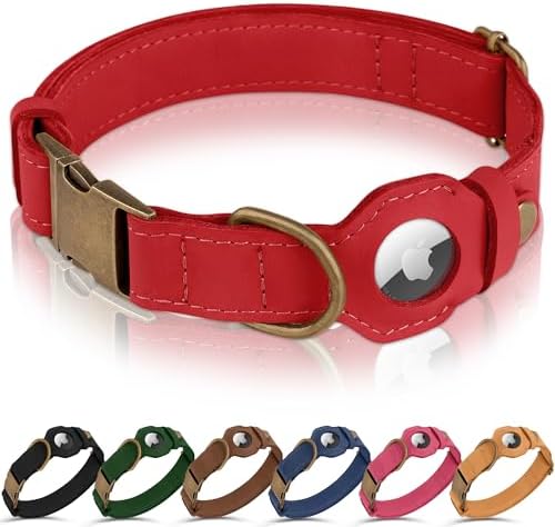 AirTag Dog Collar - Genuine Leather Dog Collar with Apple AirTag Holder and Metal Buckle - Smart GPS Tracking Pet Collars (Red, L, 17"-21" Neck Fit)