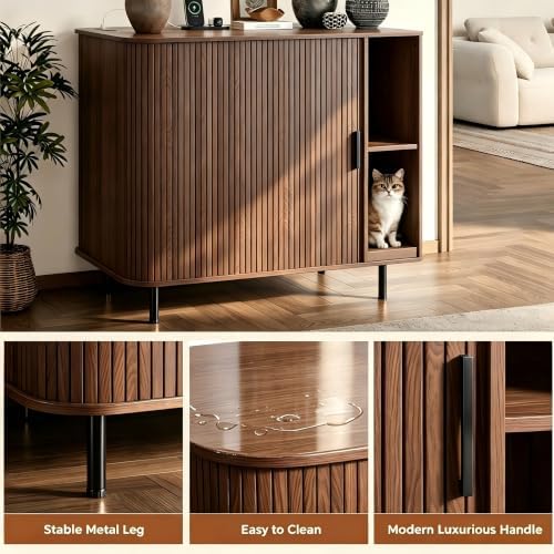 Large Cat Litter Box Enclosure with Scratch Pad, 42.6'' Hidden Litter Box Furniture for Automatic self-Cleaning Litter Boxes, Sliding Door, Adjustable Shelf for Dog Proof, Charging Station, Walnut
