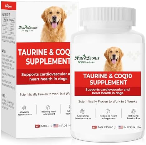 Taurine Supplement for Dogs – Supports Cardiovascular Health,Helps Heart Murmurs,Myocardial Hypertrophy DCM,Promotes Normal Heart, Immune Function,Vision,Energy & Vitality,CoQ10–Vet-Formulated-120ct