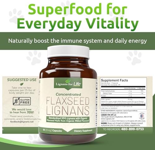 Lignans For Life Flaxseed and SDG - Omega 3 Fatty Acids, Fiber Antioxidants - Helps Improve Shiny Coat, Digestive and Heart Health, 25mg, 90 Capsules, 1 Pack