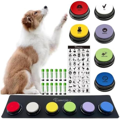 RIBOSY Set of 6 Recordable Buttons with Rubber Mat and 50 Training Stickers, Dog Buttons for Communication - Record& Playback Your Own Voice to Train Your Pet Voice What They Want（Battery Included）