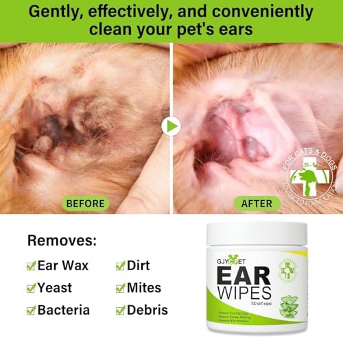 Dog Ear Wipes - Cat Dog Ear Cleaner, Puppy Ear Wipes Wash Cleaner for Dogs Cats - 100 Wipes for Dog Cat Ear Cleaning, Remove Ear Wax Dirt Debris for Dogs Cats Ear Infection Treatment Wipes
